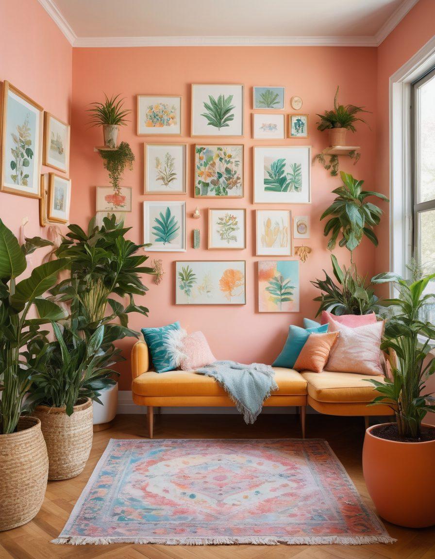 A vibrant, sunlit room filled with colorful plants and stylish decor, showcasing a serene person surrounded by artistic elements like a gallery wall of inspiring art. The individual is joyfully engaged in a creative activity, radiating happiness and confidence. Incorporate soft pastel colors for a calming effect, and a hint of whimsical charm in the decor. super-realistic. vibrant colors. soft background.